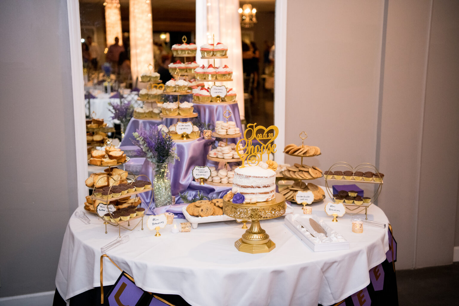 Wedding cake and dessert buffet prepared for a celebration
